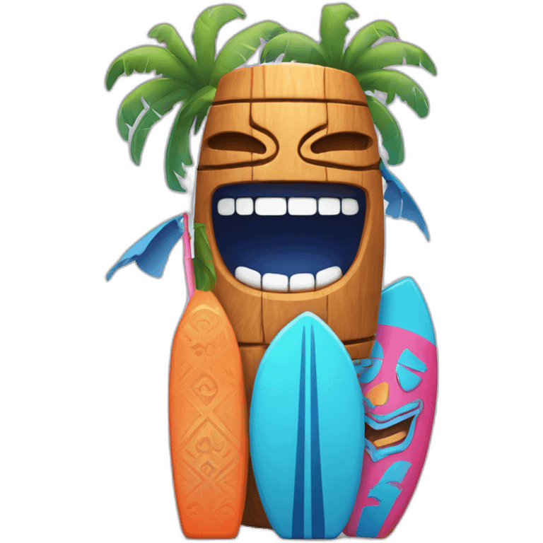 Blue and orange tiki smiling with surfboard and Blue and pink tiki singing with mikrophone emoji