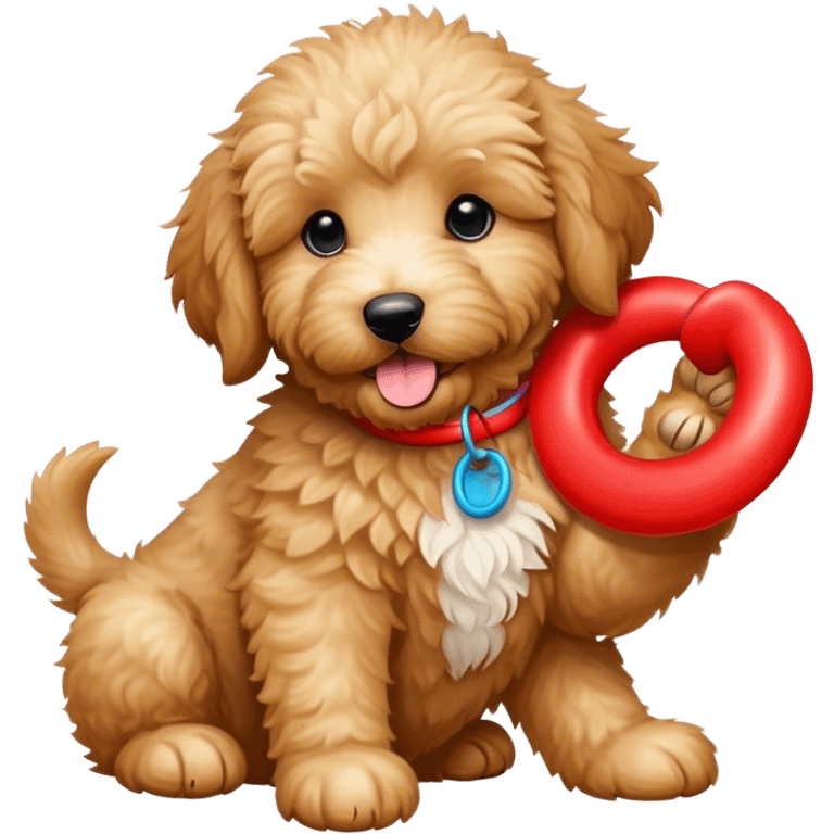 Golden doodle puppy playing with red ring toy emoji