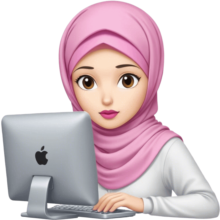 white skin hijab scarf woman working in computer. Her outfit is white, her lips is pink, her expression is focused on computer emoji