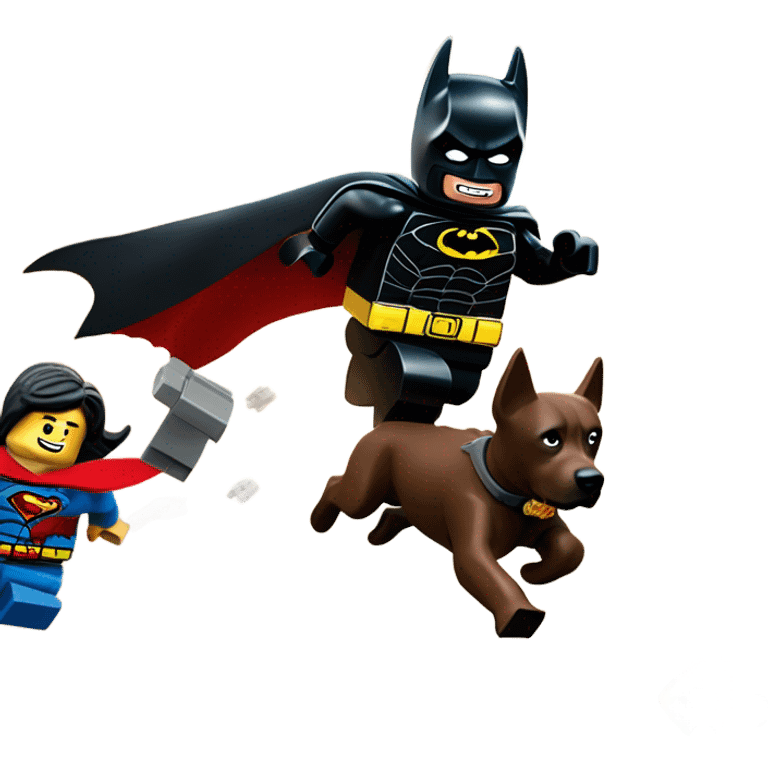 Lego Batman riding a Black lab chasing Superman  emoji