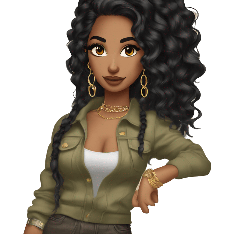 Glamorous, streetwear, black balayage hair, long wavy hair, olive skin, brown almond eyes, winged eyeliner with big lashes, wearing hooped earrings, rings and bracelets  emoji