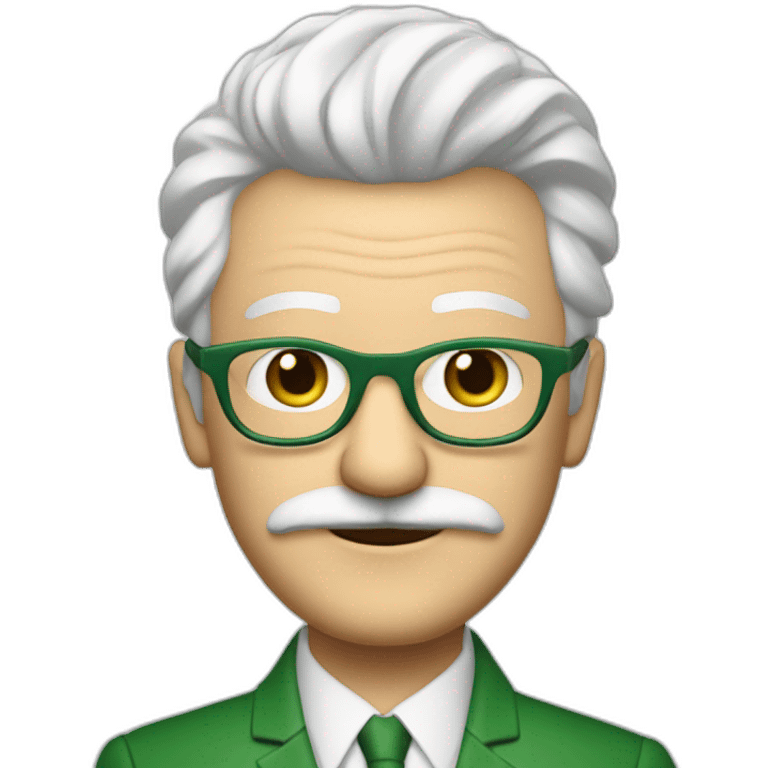 meester frank visser white hair, white mustache and glasses. Nice green suite emoji