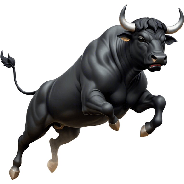 ​Cinematic Realistic Black Charging Bull, depicted in mid-charge with a powerful, muscular form and glossy black hide glistening under dynamic dramatic lighting, dust and motion captured mid-air to exude raw strength and unbridled energy on an expansive arena, emoji