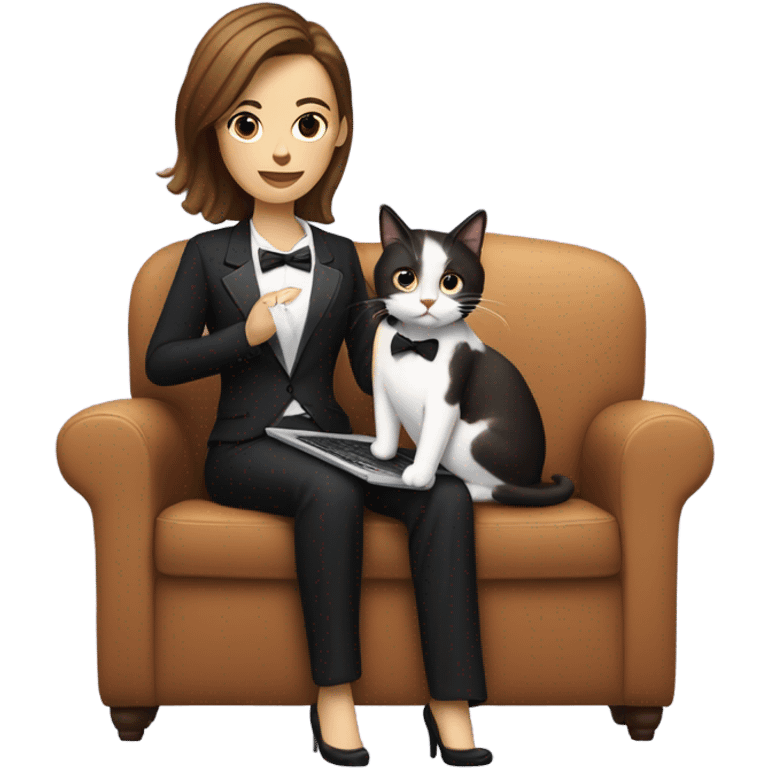 Light skinned woman with brown hair sitting on the couch laptop on her lap next to small black and white tuxedo cat emoji