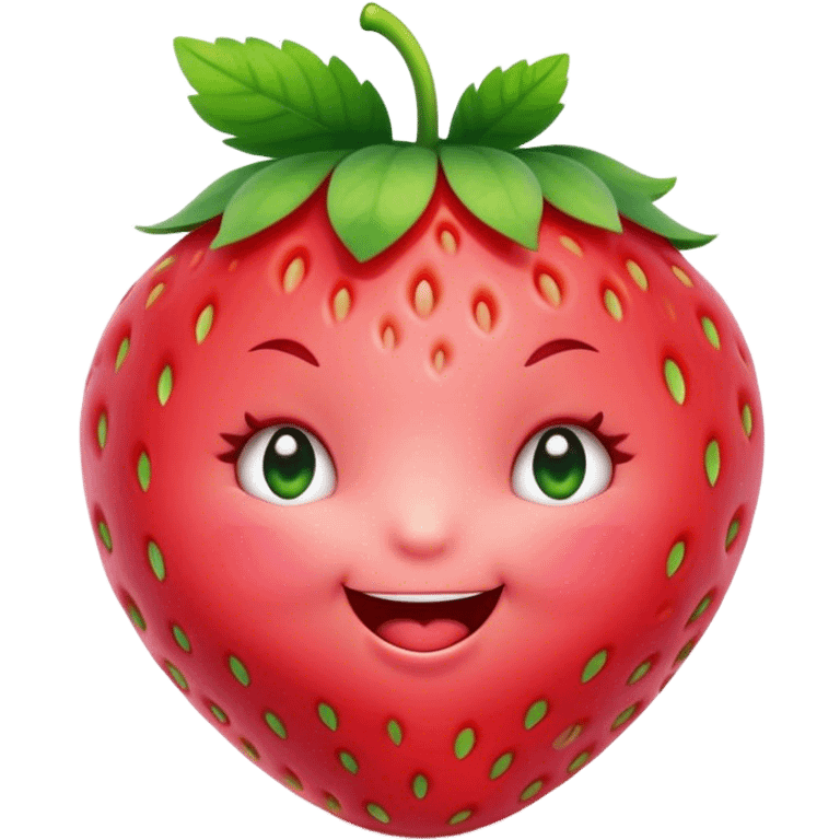 Cinematic plump happy strawberry, glossy bright red, tiny round eyes and blushing cheeks, green leafy top slightly tilted, cheerful and charming. emoji