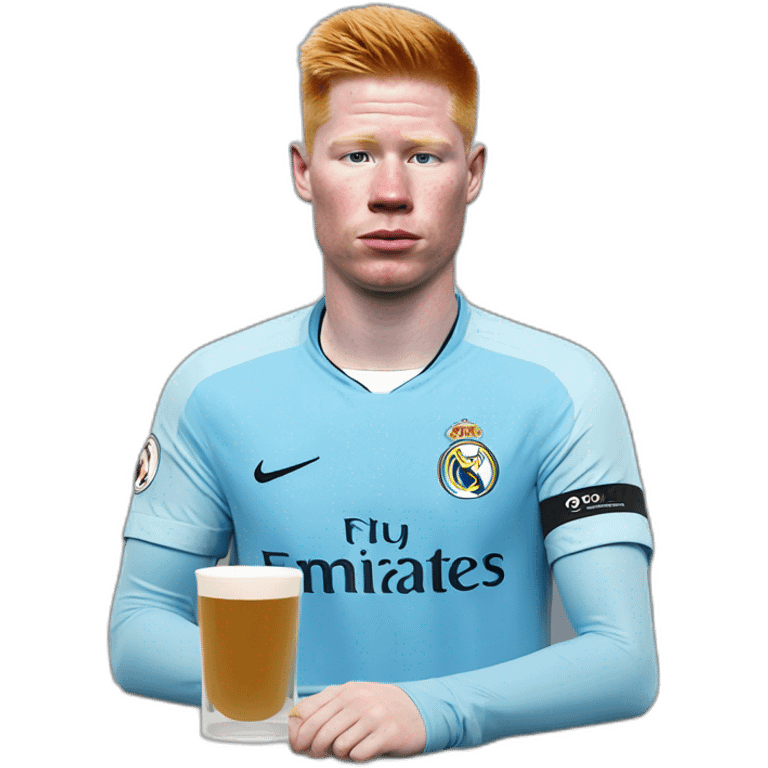 Kevin de Bruyne with a shirt of Manchester City drinking tea with a cup and on the cup there the flag of Real Madrid  emoji