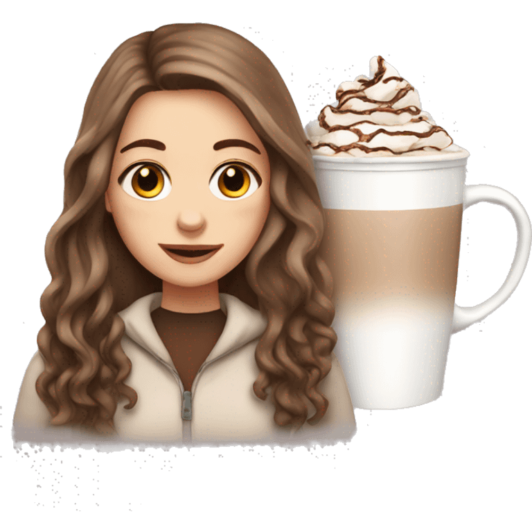 white girl with brown long hair and a hot chocolate emoji