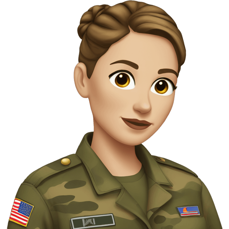 White freckled Woman in camo military uniform , brown hair, sleek hair bun emoji