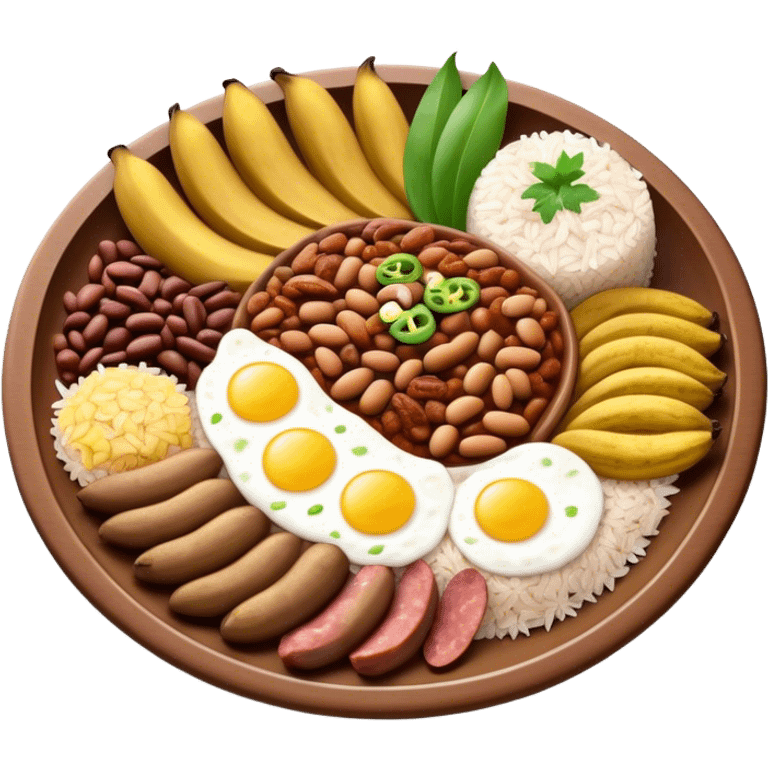 Cinematic Realistic Bandeja Paisa Dish Emoji, depicted as a hearty platter featuring beans, rice, meat, and plantains rendered with detailed textures and vibrant, robust lighting. emoji