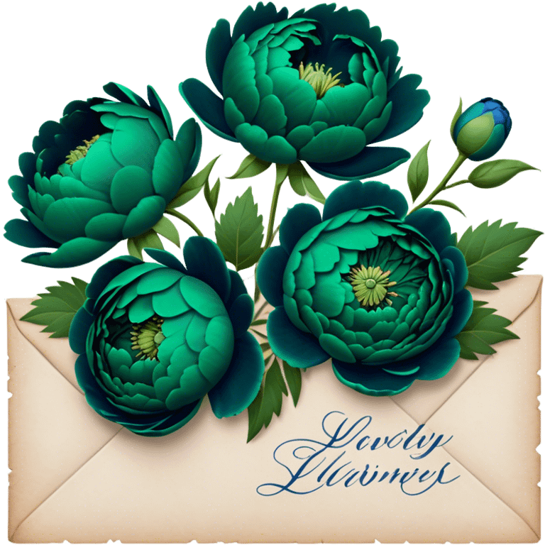 A charming arrangement of deep green peonies placed beside an old love letter with an intricate navy blue wax seal. emoji