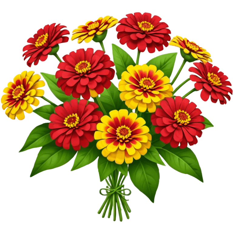 bouquet red Yellow Zinnia, luxuriant, stem, leaf emoji