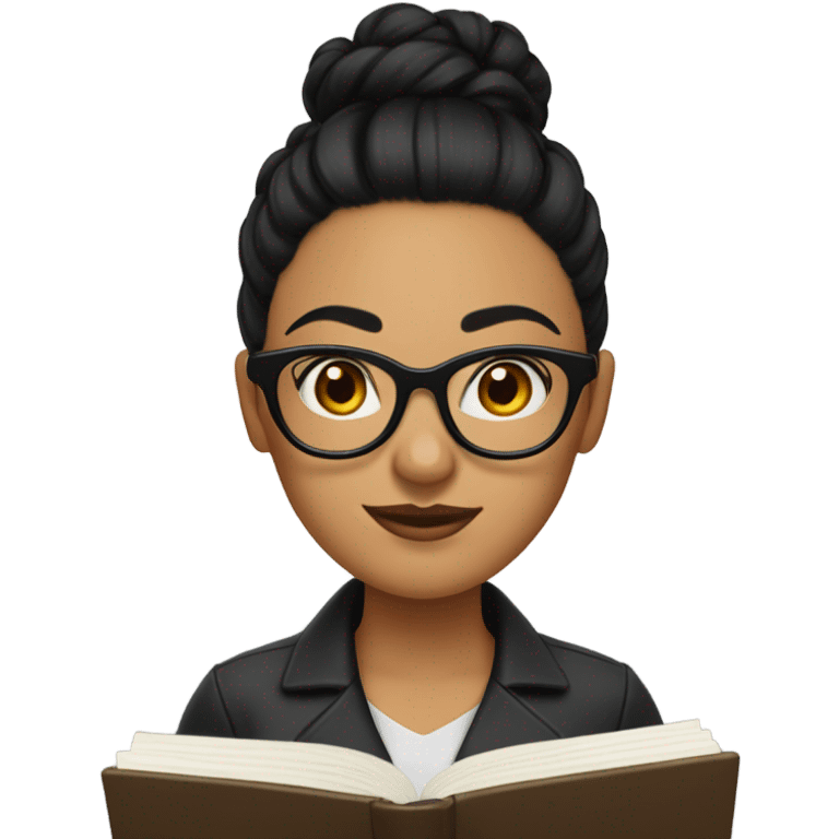 A woman with Black hair with a bun in the top of her head, she has glasses, she is writing a note on her notebook emoji