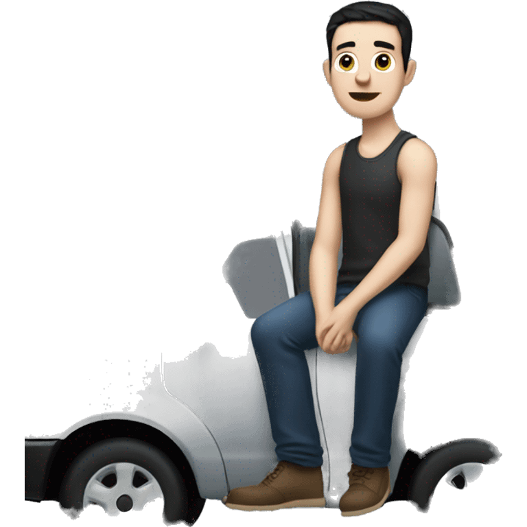 A man with pale skin and black hair, sitting on top of a black Ford car emoji