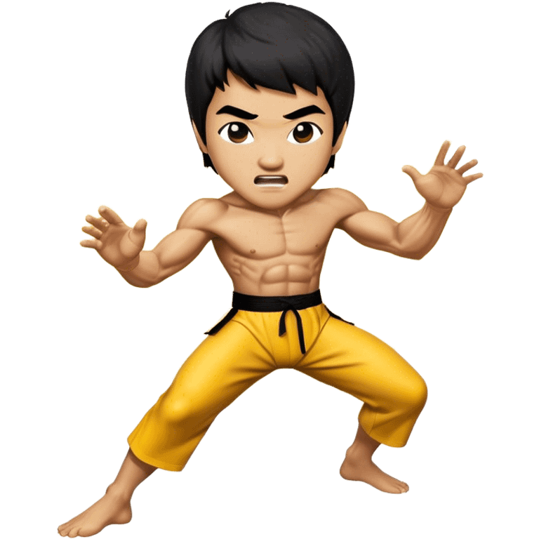 Cinematic Realistic Bruce Lee Portrait Emoji, depicted as a dynamic martial arts icon with an intense gaze and athletic physique caught in a fluid motion, rendered with vivid textures and energetic lighting that embodies his legendary prowess. emoji