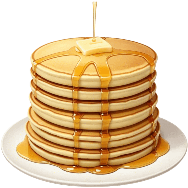 Cinematic fluffy golden pancakes, stacked high, drizzled with maple syrup, topped with fresh butter melting on top, light dusting of powdered sugar, warm and inviting, soft glow and mouthwatering. emoji