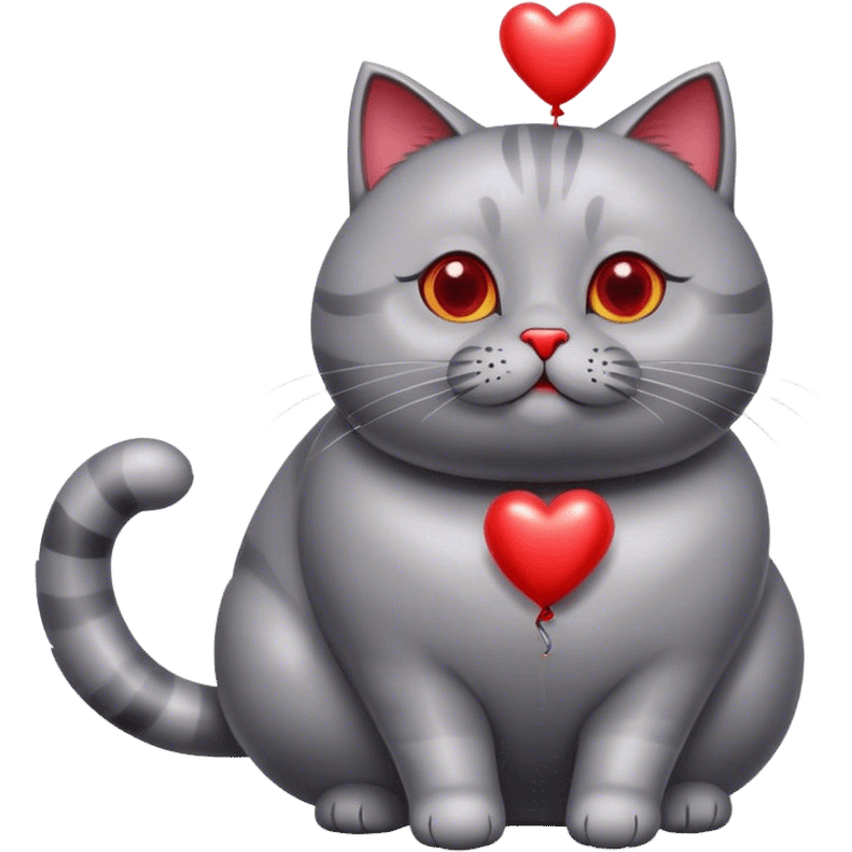 gray fat British cat and red heart metallic baloon emoji