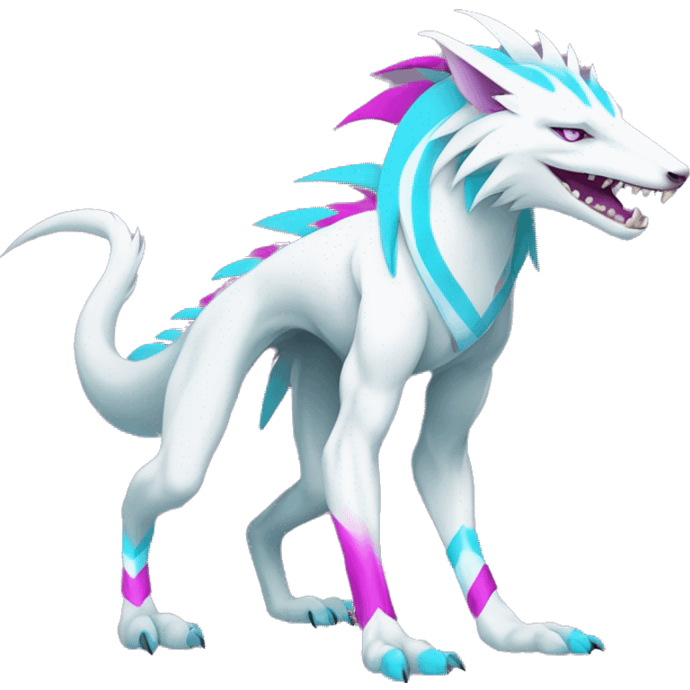 White elegant beautiful natural cute badass epic anthro modern albino sergal-vernid-Fakémon with cyan mane and magenta eyes with cyan edgy stripes, full body emoji