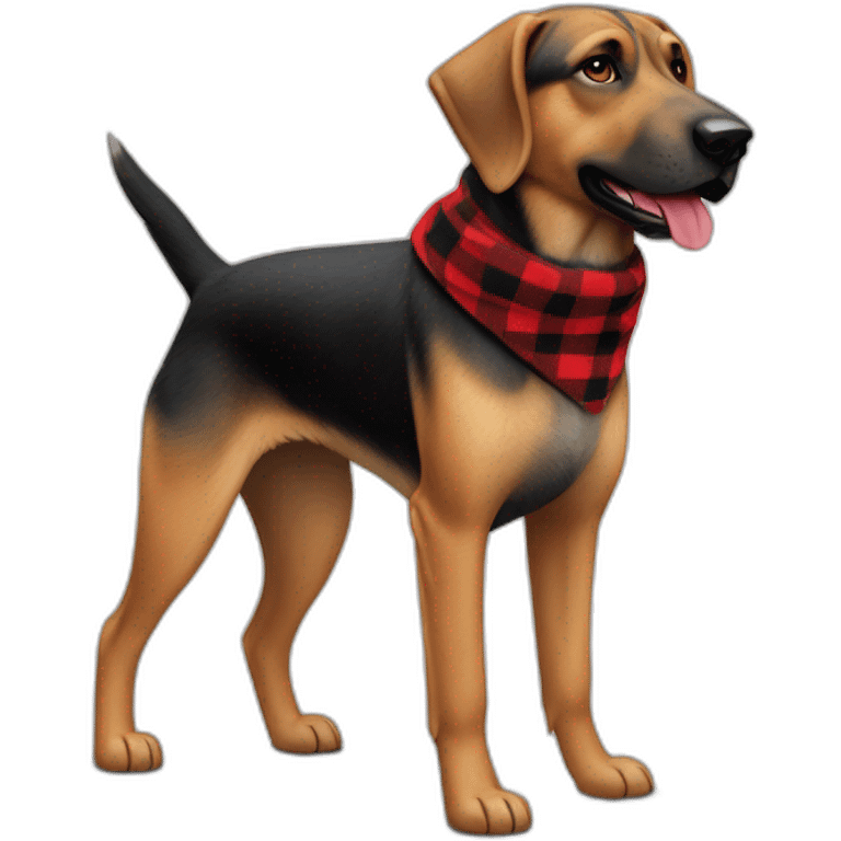 adult 75% Coonhound 25% German Shepherd mix dog with visible tail wearing small pointed red buffalo plaid bandana full body walking left emoji