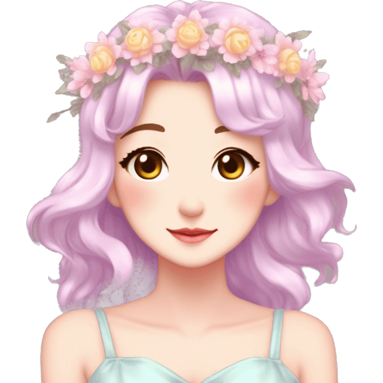 Shiny Gorgeous Pastel Anime Mature Lady with blushing face and pretty hair with a flower crown pastelcore kawaii cottagecore fairycore aesthetic trending style emoji