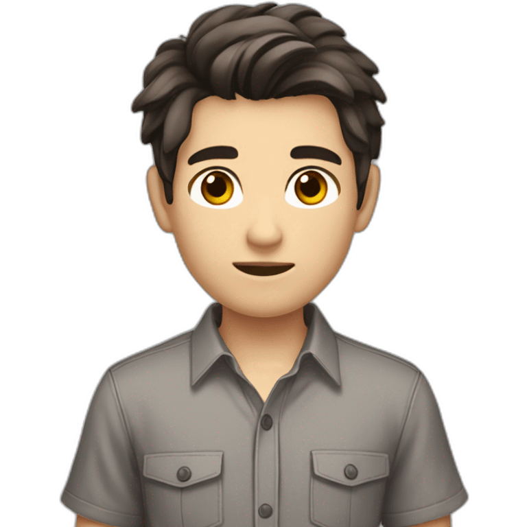 teenage boy with dark brown hair, brown eyes, wearing a short-sleeve button down shirt, thats open, with a grey shirt under it, the boy has white skin emoji