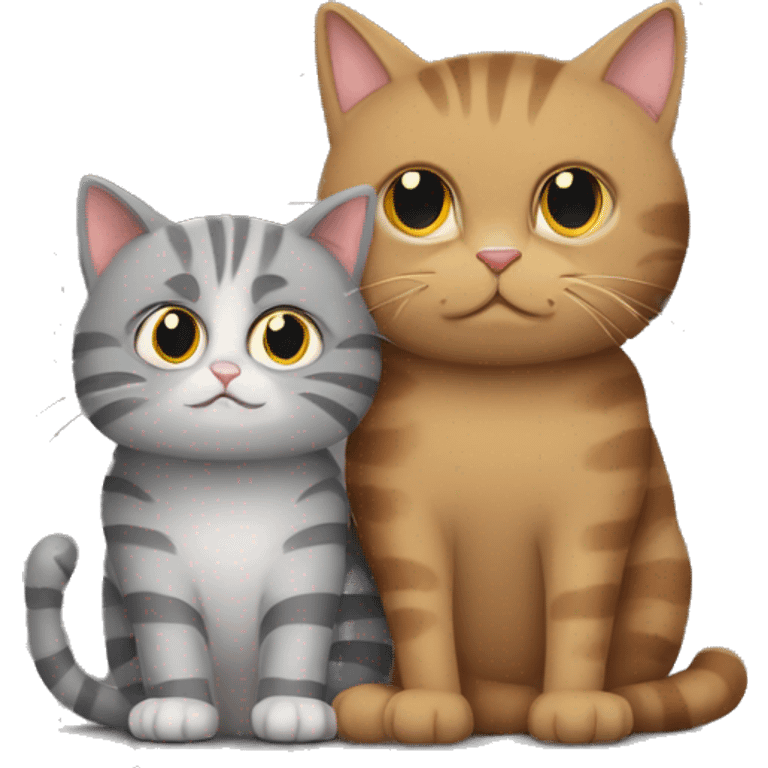 A grey fluffy cat hugs a striped brown cat. The brown cat is unhappy emoji