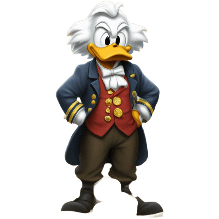 a slim successful looking scrooge mcduck standing atop a pile of money emoji