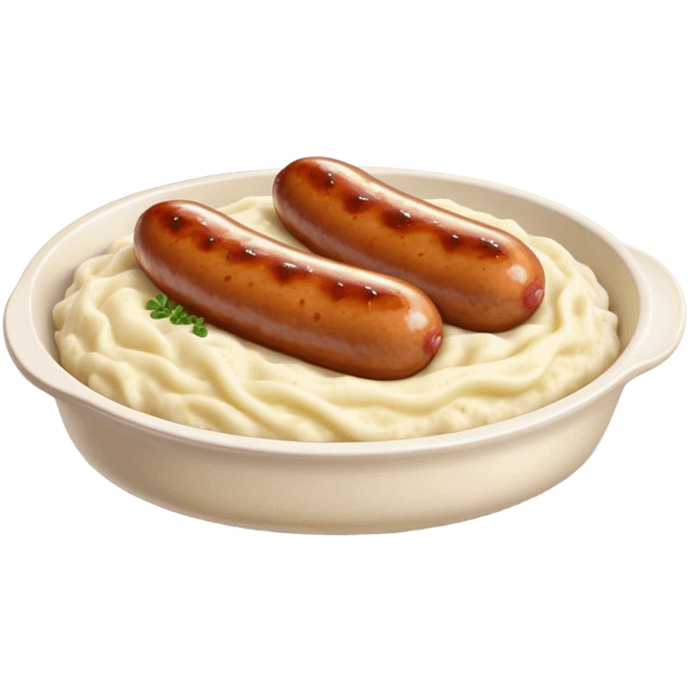 Cinematic Realistic Bangers and Mash Dish Emoji, featuring succulent pork sausages paired with creamy mashed potatoes rendered with detailed textures and natural highlights that emphasize its robust, hearty flavor. emoji