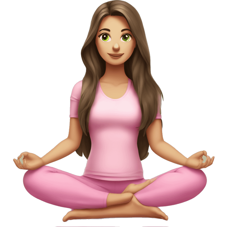 Brunette long hair and green eyes yoga beautiful girl in light pink pink pink clothes sitting on a yoga mat emoji