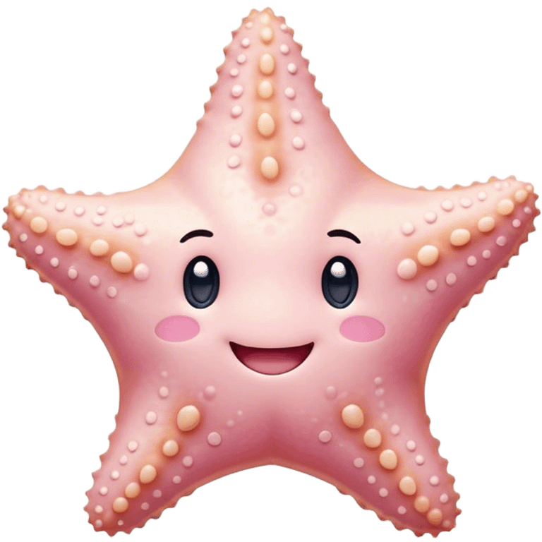 Cinematic cute round starfish, pastel pink, soft bumpy texture, tiny happy face, slightly tilted, glowing warmly, sparkling with gentle ocean magic. emoji