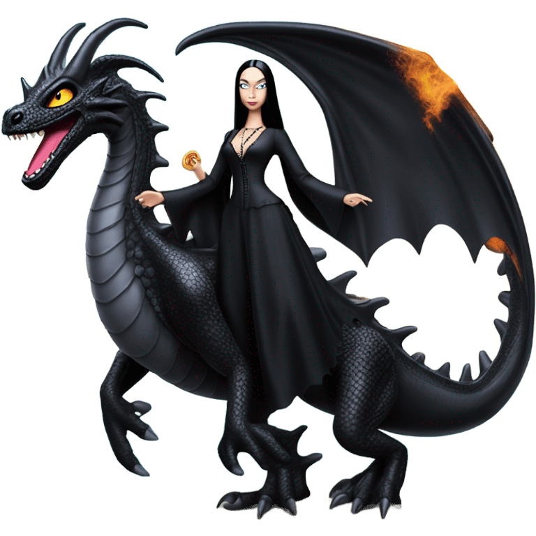  beautifully dressed teen Morticia Addams beach Barbie Jedi flying on the back of a very large black shiny evil-looking fire-spewing dragon. proper scale emoji