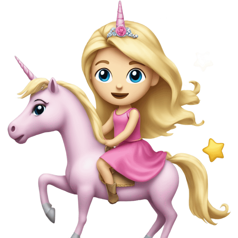 Little girl, long blonde girl, blue eyes in a princess dress riding a big pink unicorn  emoji