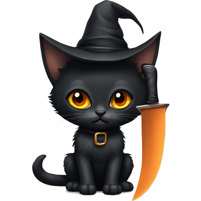 Black kitten with orange eyes with a witch hat and a knife emoji