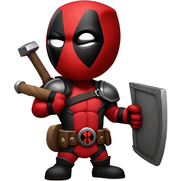 Deadpool holding Viking shield and a hammer emoji