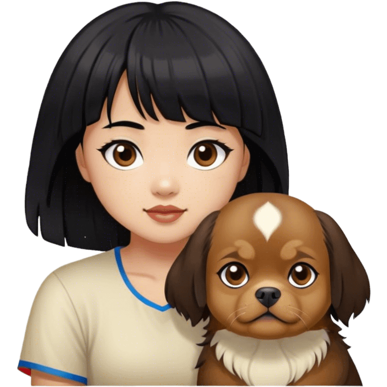 filipino girl black hair and bangs with cute big eye tibetan spaniel emoji