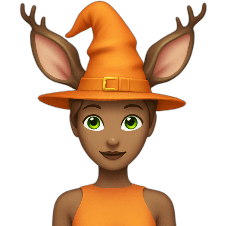 single female deer in a orange witch hat with green eyes and brown hair emoji