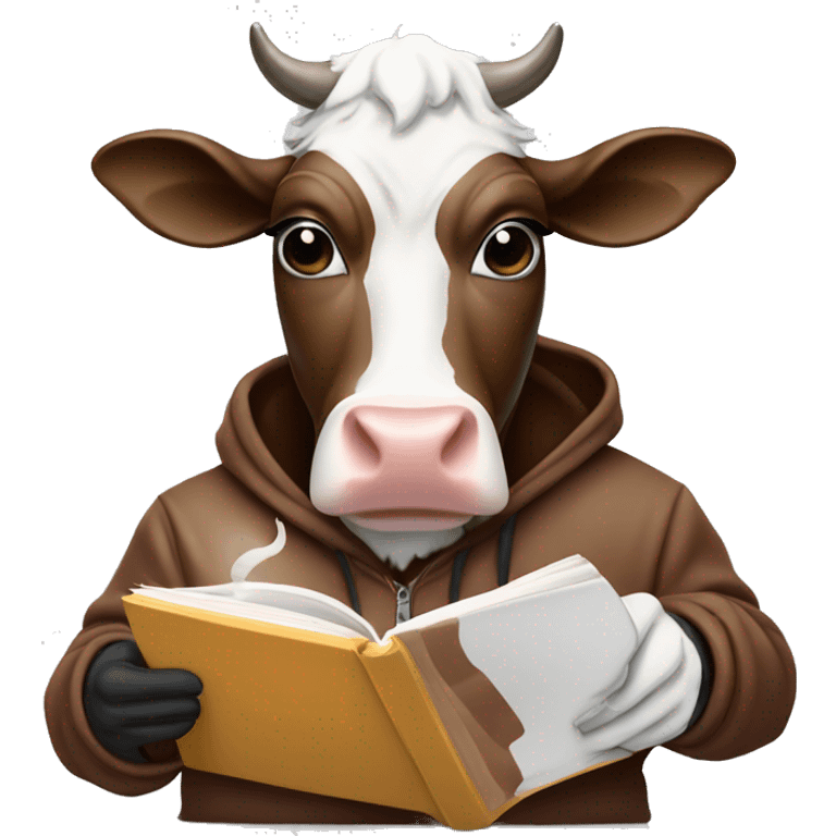 cow wearing a hoodie and sweat pants drinking an ice coffee and reading a book emoji