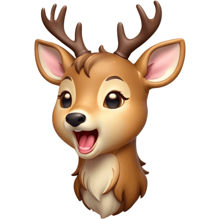 Cinematic Cute Yawning Deer Portrait Emoji, Head tilted slightly with a dramatic, wide-open yawn, revealing a soft, dappled coat and elegantly drooping ears, eyes barely open in drowsy contentment, Simplified yet irresistibly adorable features, highly detailed, glowing with a soft, cozy glow, high shine, relaxed yet expressive, stylized with a touch of natural whimsy, bright and endearing, soft glowing outline, capturing the essence of a sleepy yet affectionate deer, so drowsy it feels like it could stretch right out of the screen and curl up for a nap! emoji