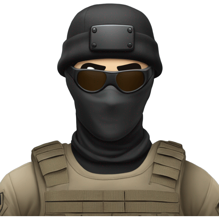 White male, call of duty black mask, camo tactical gear, tan combat boots, black beanie, blue eyes emoji