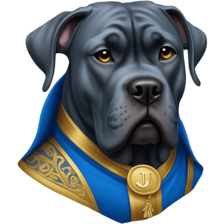 Blue Cane Corso in a blue and gold colored as a clergyman with monogrammed J on his cloak. emoji