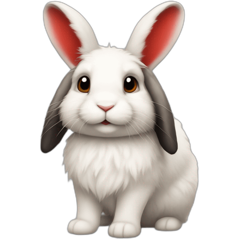 Fluffy bunny with lop ears and red and black spots on his ears and back. emoji