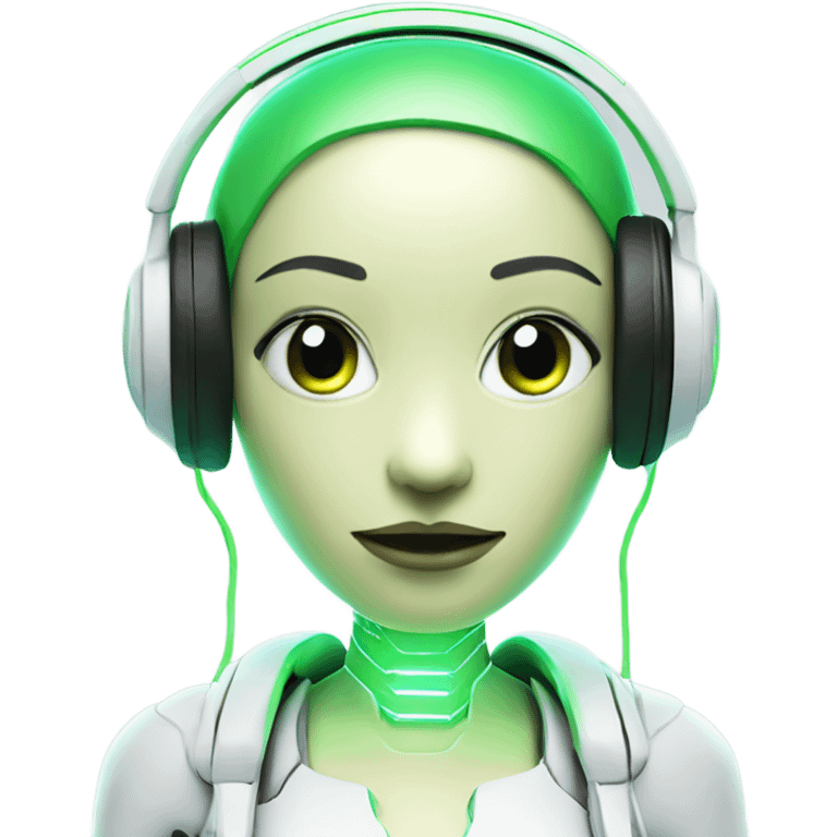 green futuristic bot woman white headphones 3d look glowing effect emoji