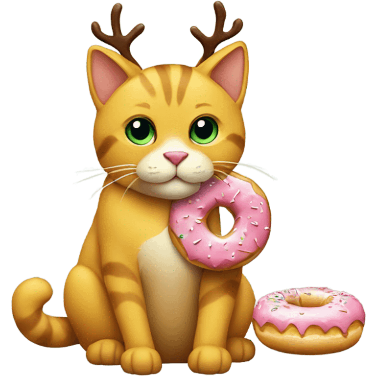 A yellow cat with a reindeer headband and a donut  emoji