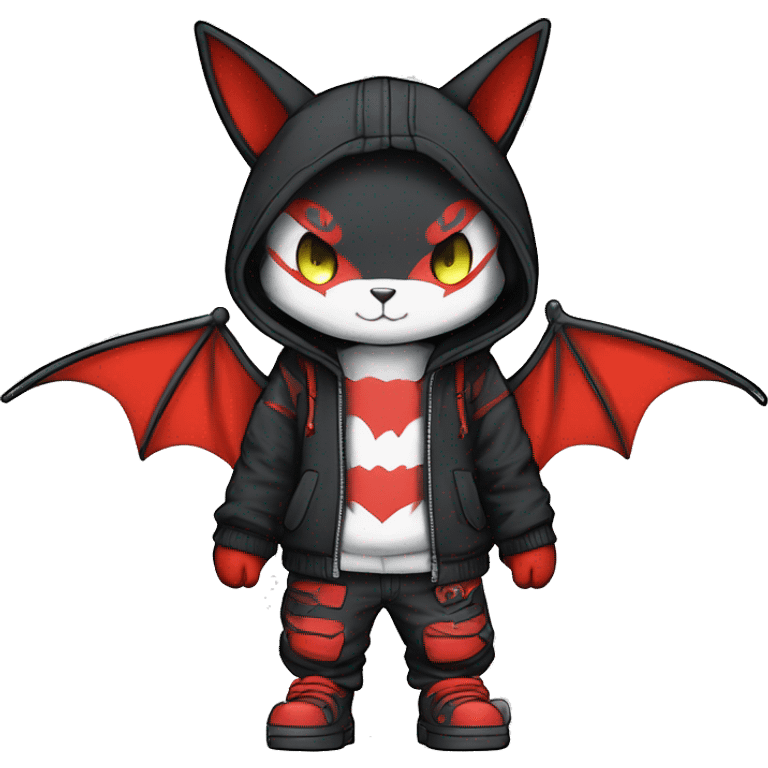 Dark Unique Anthro Cool Kawaii Bat-Winged Zangoose-Litten-Pokémon with edgy stripes Punk Techwear Hoodie Cargo Collar emoji