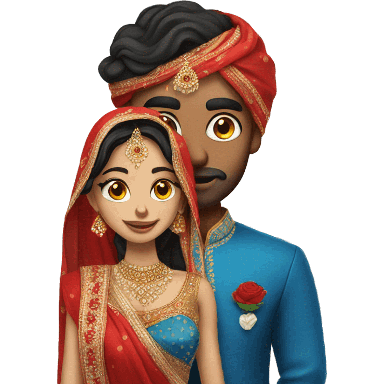 indian groom without turban and a white skin bride with blue eyes and red saree and veil emoji