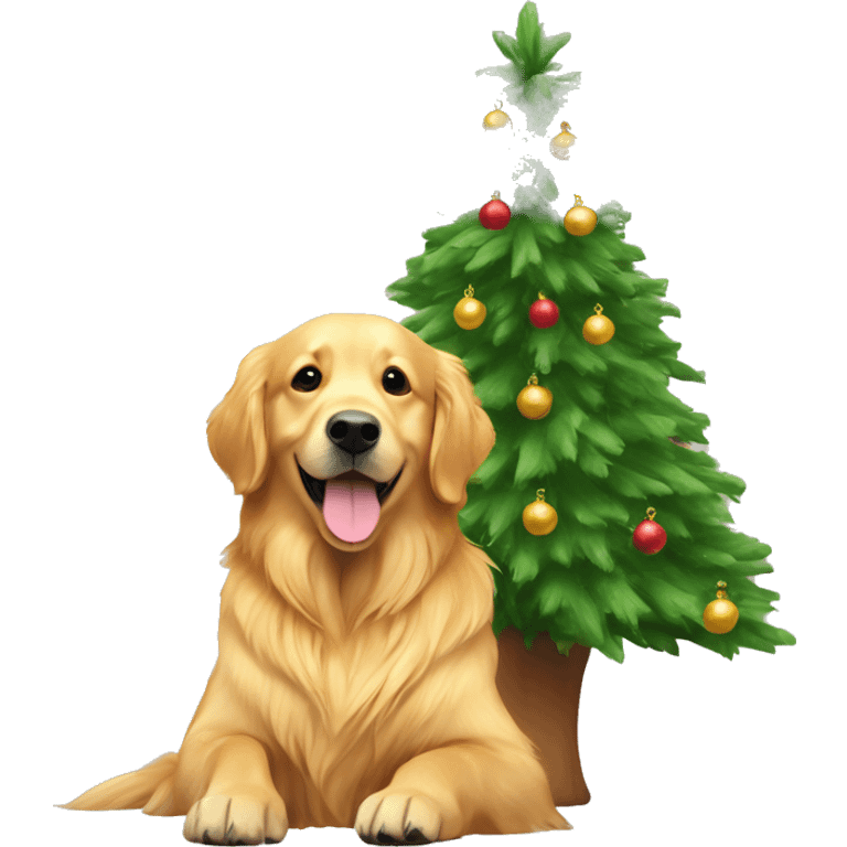 golden retriever with christmas tree  emoji