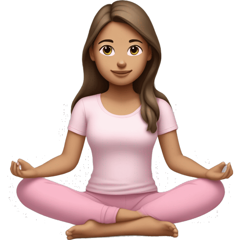 a girl with brown long hair, fair skin and green eyes, meditates in a relaxed lotus position in a comfortable monochrome pink top and monochrome pink leggings emoji