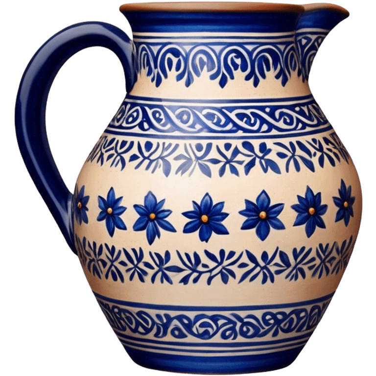 Cinematic Realistic image of a piece of Bolesławiec pottery, rendered with intricate, hand-painted designs and detailed textures, set against a softly illuminated backdrop that highlights its artisanal beauty emoji