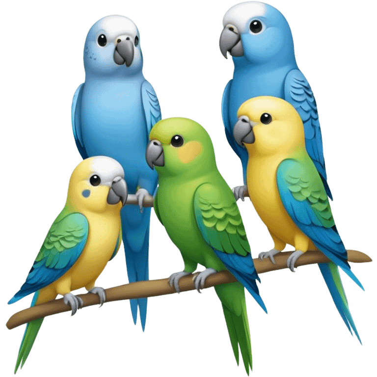 group of 1 fully blue parakeet, one fully green parakeet, one fully grey parakeet, and one fully yellow parakeet emoji