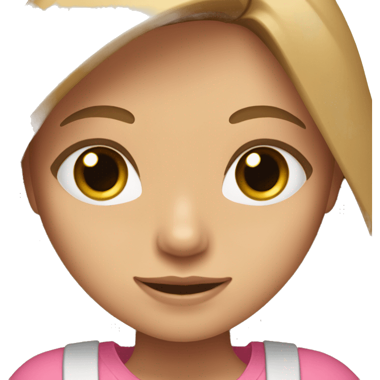 A girl with blue eyes and long, hair light brown and a middle part and pink shirt emoji