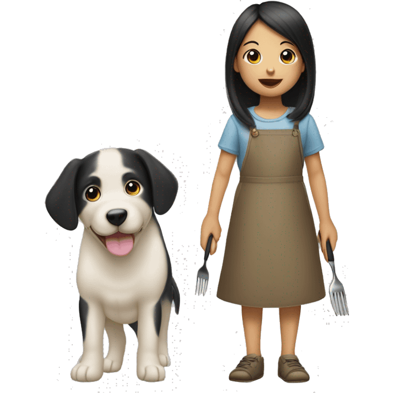 Little girl with long black hair that’s Asian with a fork in one hand and a puppy in the other hand emoji